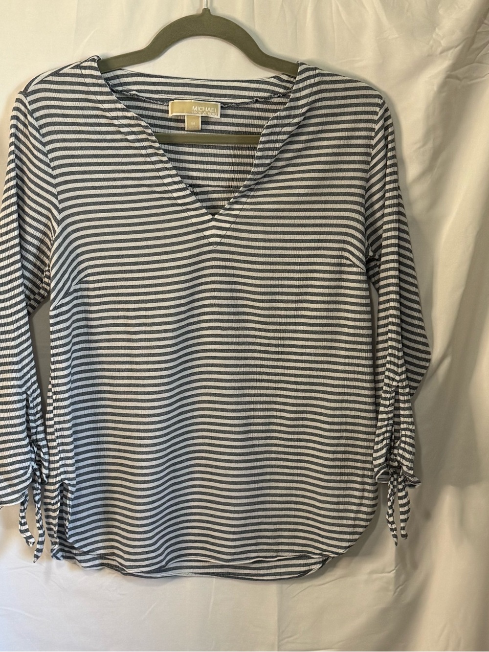 Michael Kors Navy and White Striped Nautical Coastal V-Neck Tie-Sleeve Top M